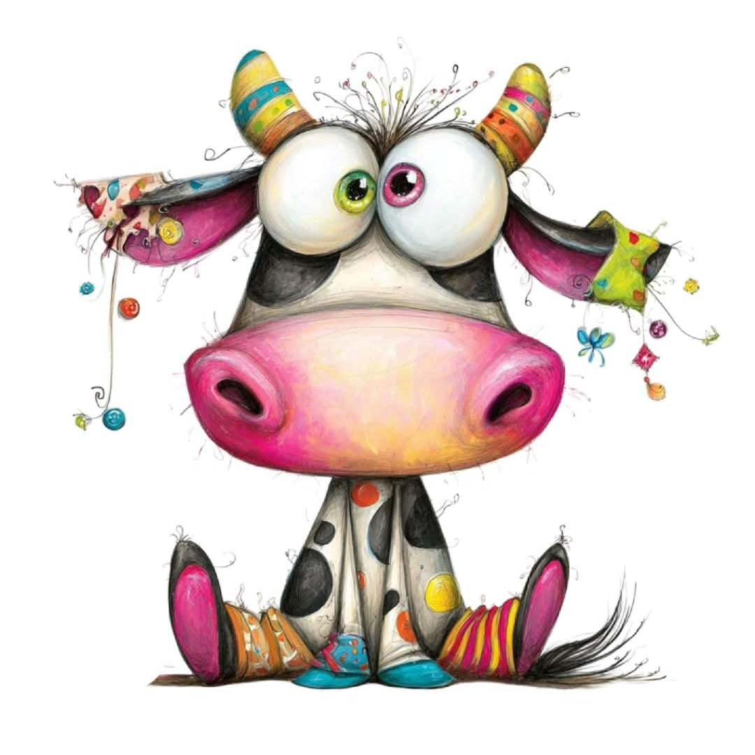 Colorful cartoon cow with decorative elements on a white background